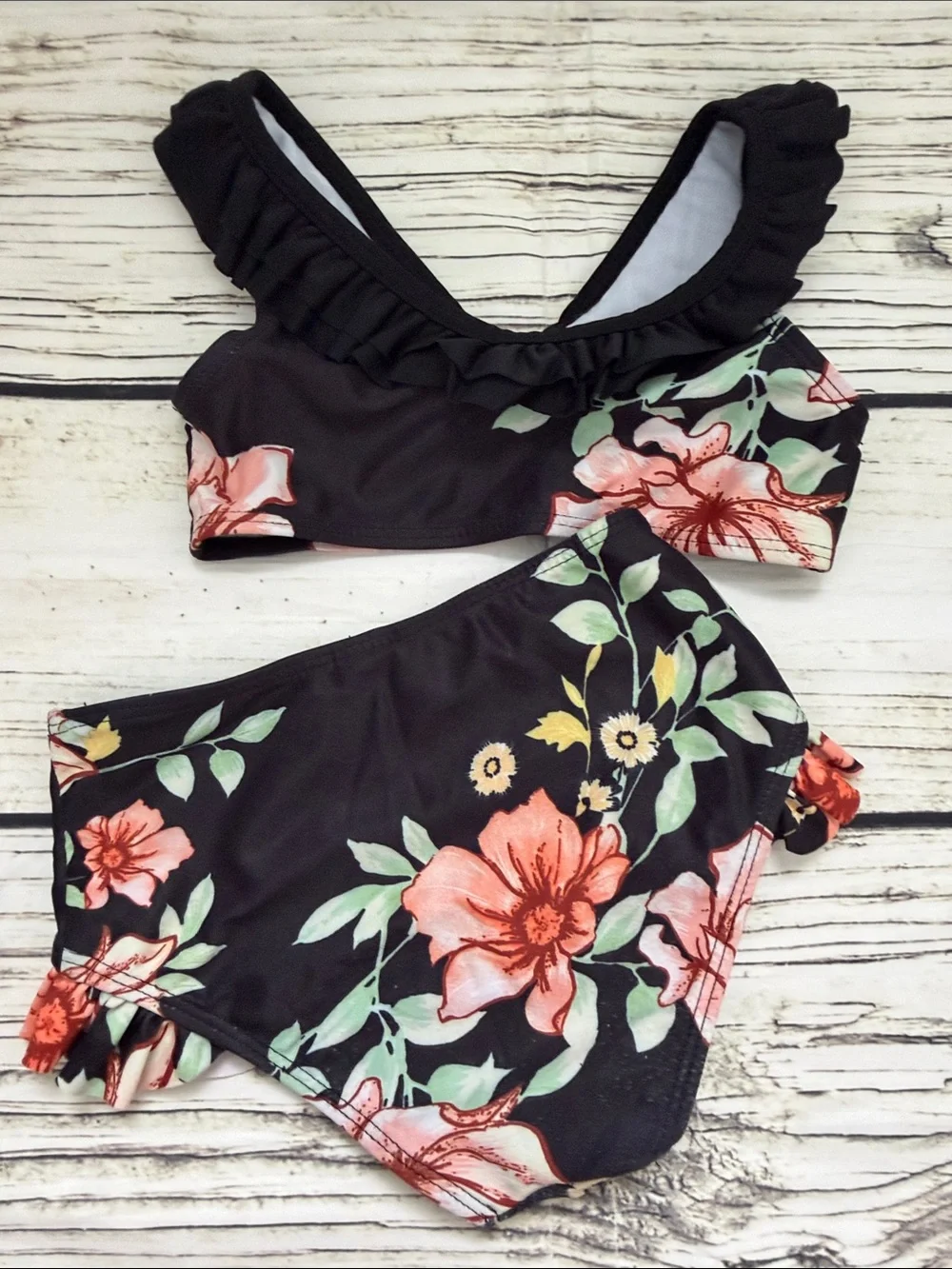 ♡ Girls Boutique Black Floral Ruffle Two-Piece Swim Set with Headband 4T